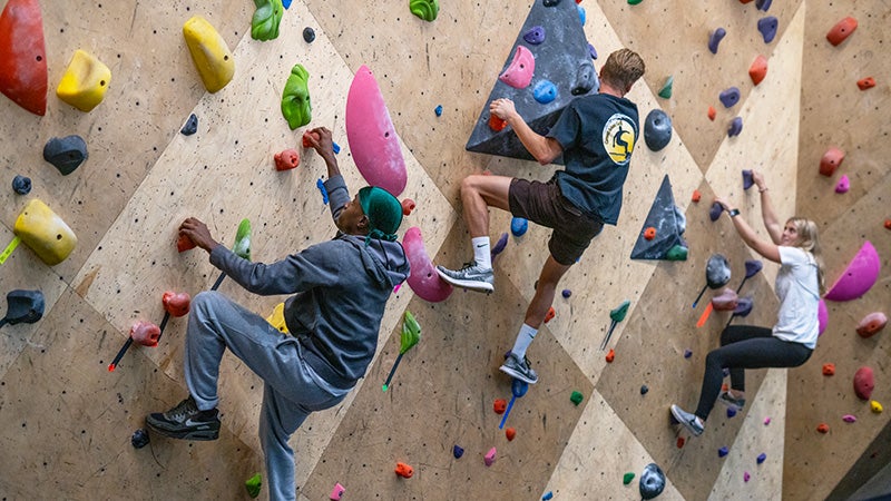 Climbers climbing an indoor rock wall
